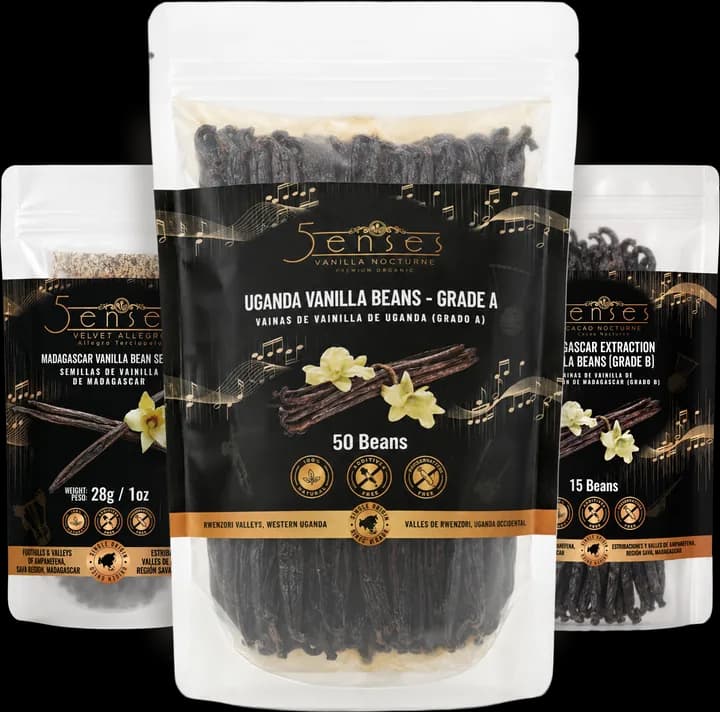 Three 5Senses vanilla pouches, the front one Uganda Vanilla Beans Grade A, 50 beans
