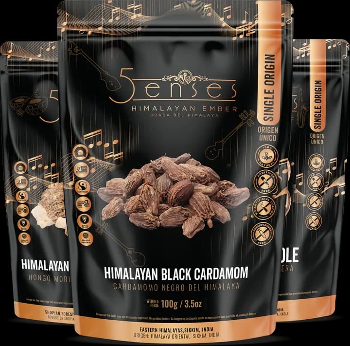 Three 5Senses Single Origin pouches, the front one Himalayan Black Cardamom, 100g