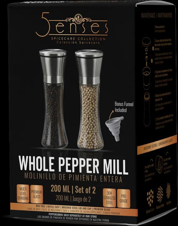 5Senses Spicecare Whole Pepper Mill boxed set of two 200ml glass grinders