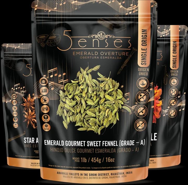 Three 5Senses pouches, the front one Emerald Gourmet Sweet Fennel, 1lb