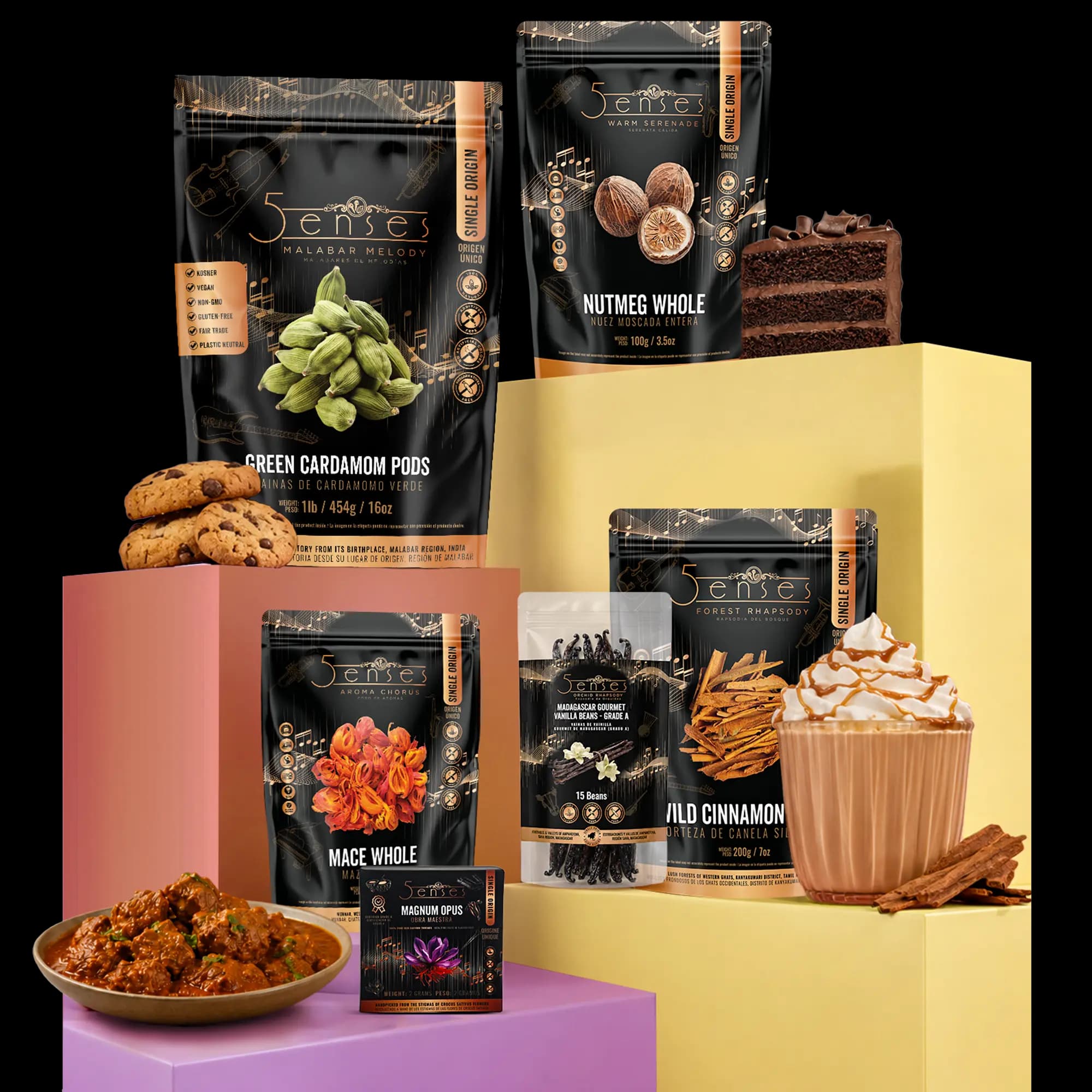 5Senses spice pouches arranged on coloured pedestals