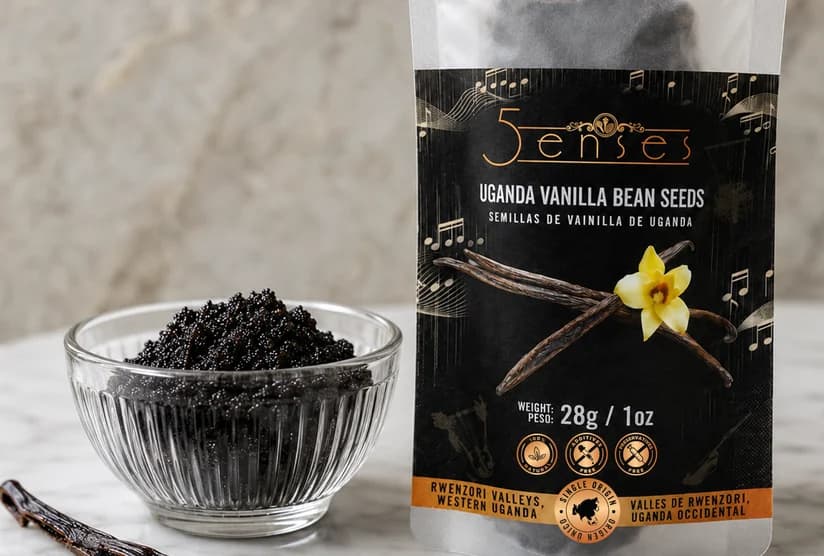 Uganda vanilla bean seeds packed in a 5Senses pouch, beside a bowl of loose vanilla caviar