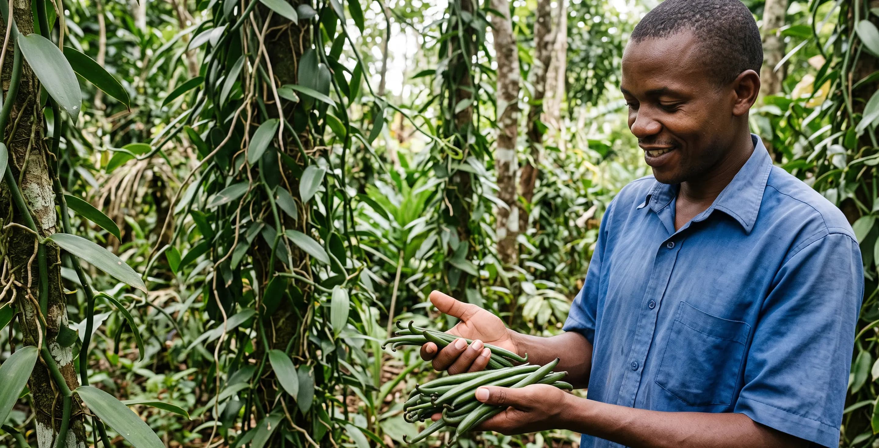 A farmer holding a handful of freshly picked green vanilla beans in a vanilla plantation
