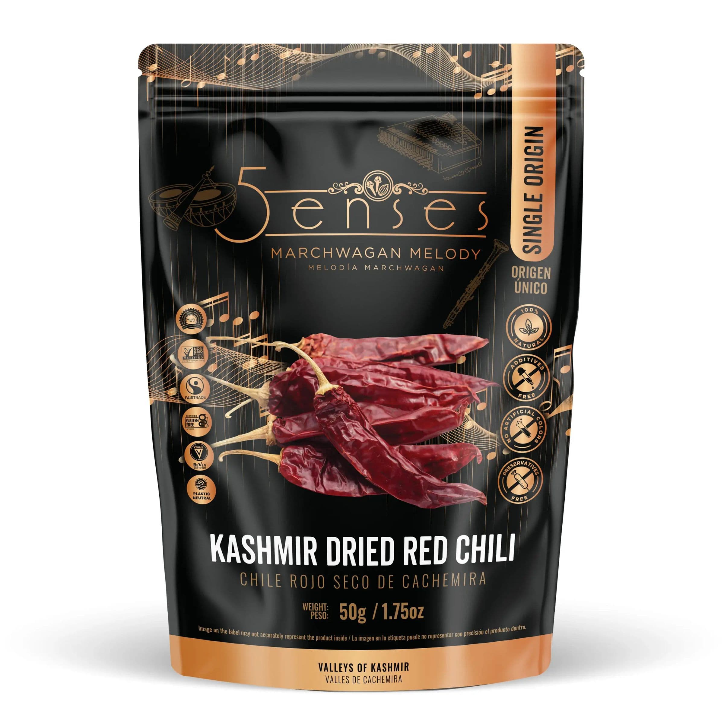 5Senses Marchwagan Melody Kashmir Dried Red Chili pouch labeled Valleys of Kashmir