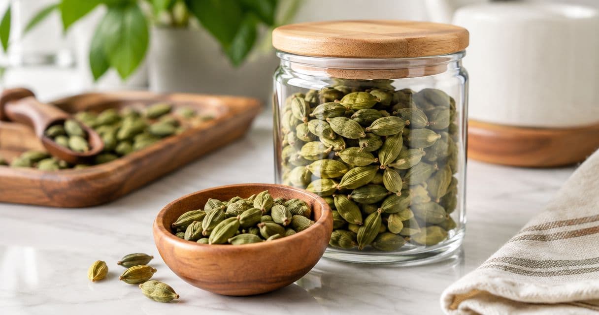 How do you store green cardamom pods for long-term freshness?