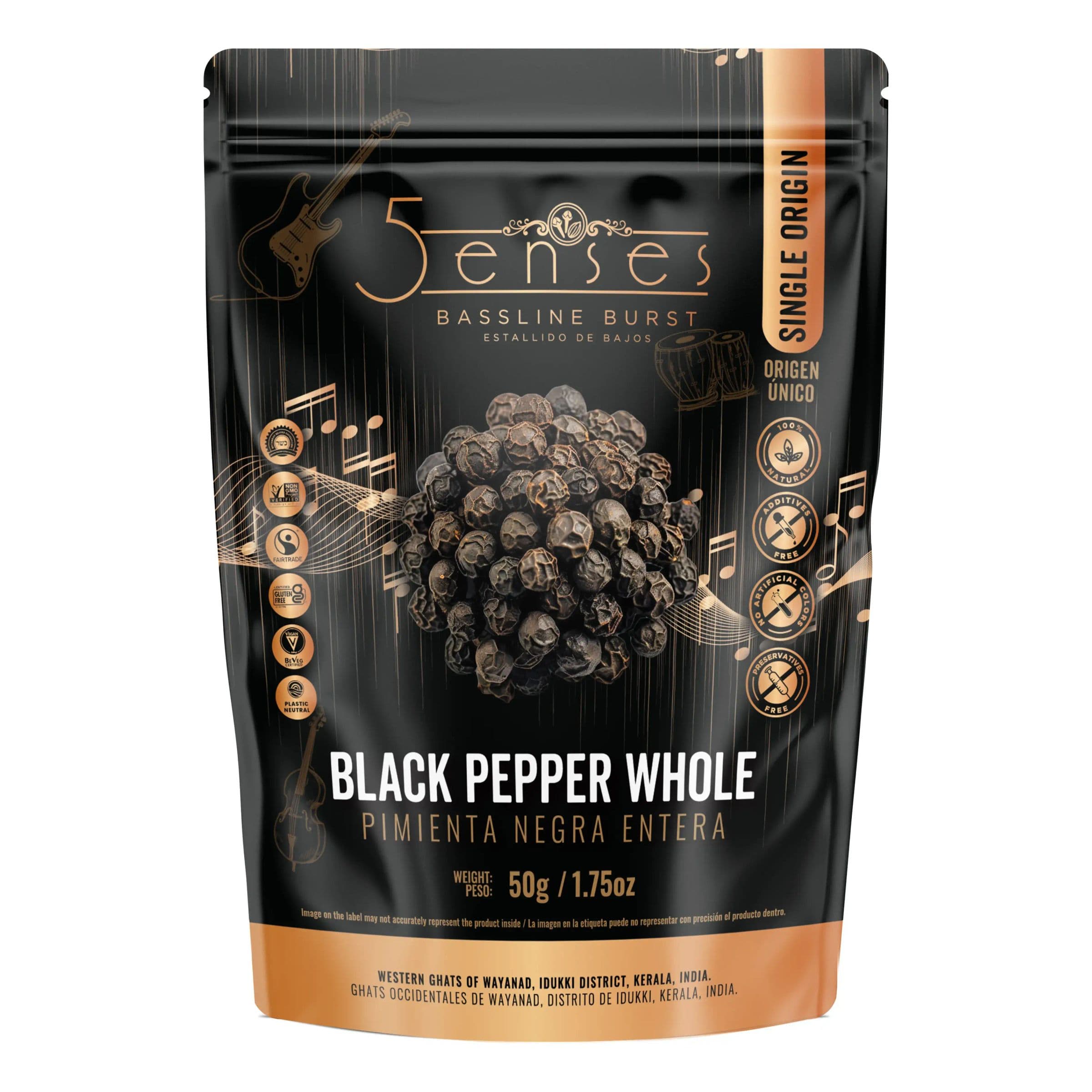 5Senses Bassline Burst whole black pepper pouch showing its Kerala Western Ghats origin