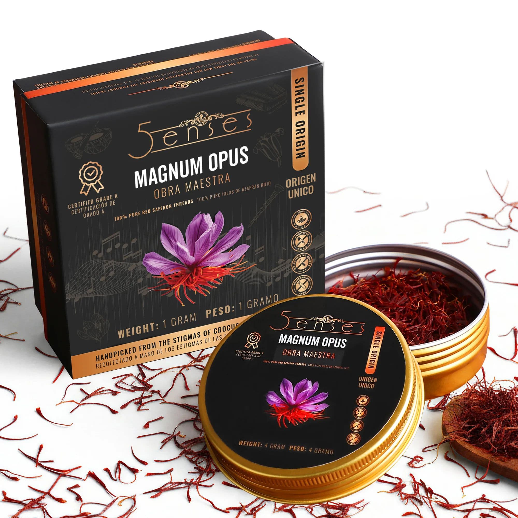 5Senses Magnum Opus Kashmir Mongra saffron packaging beside an open tin of red saffron threads