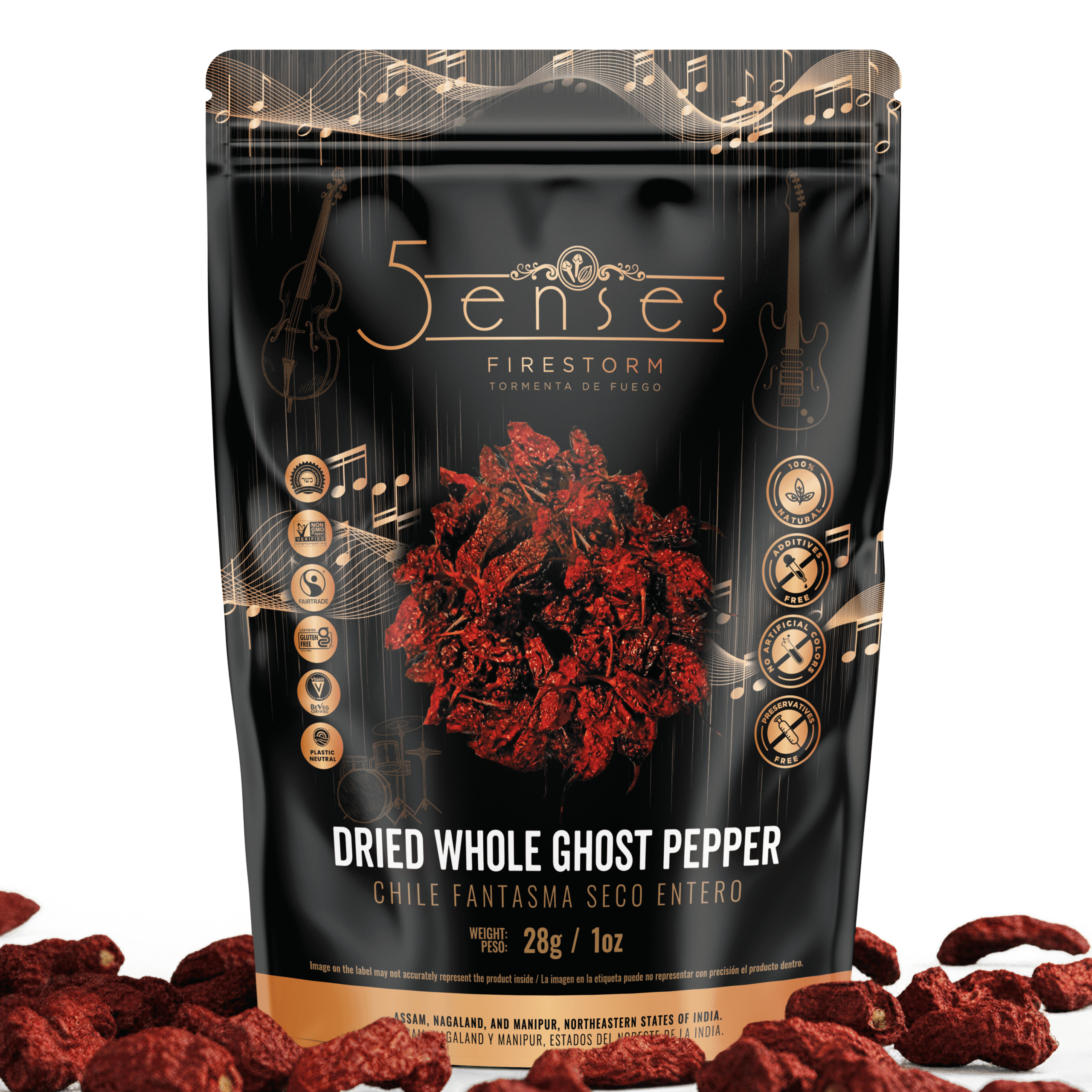 24 5Senses Dried Whole Ghost Pepper | Bhut Jolokia, Chile Fantasma | Firestorm | 100% Natural, Non-GMO, Fairtrade, Kosher, Gluten-Free, Vegan - Image 1
