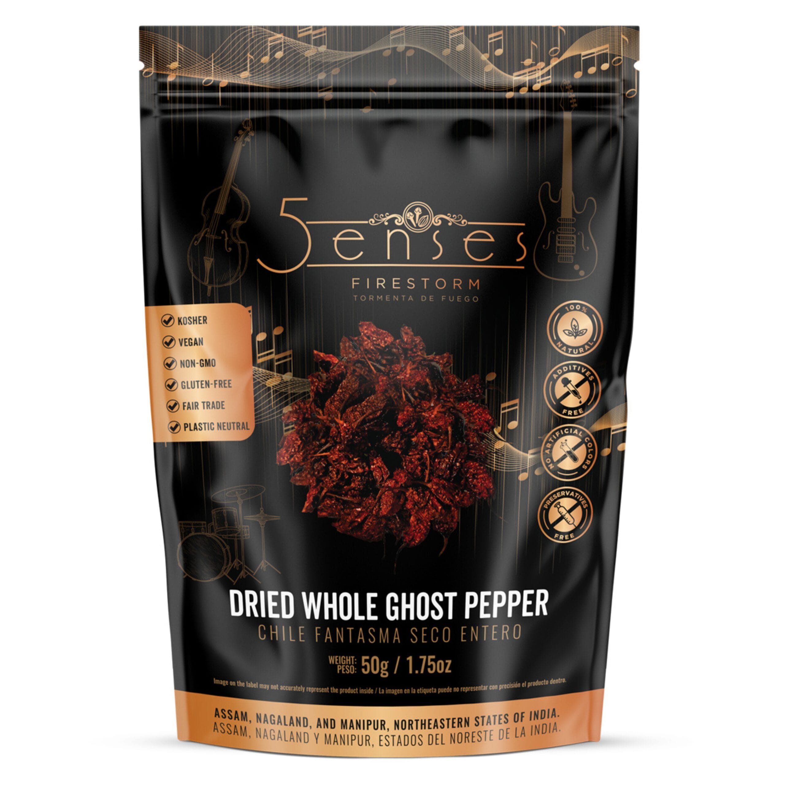 850070223119-1 5Senses Dried Whole Ghost Pepper | Bhut Jolokia, Chile Fantasma Seco Entero, Pimienta Fantasma | Firestorm | 100% Natural, Non-GMO, Fairtrade, Kosher, Gluten-Free, Vegan - Image 1